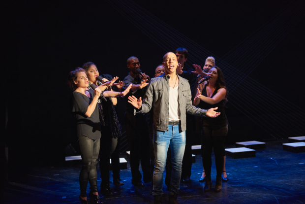Tyler Hardwick (center) leads the cast of Acappella at PTC Performance Space.