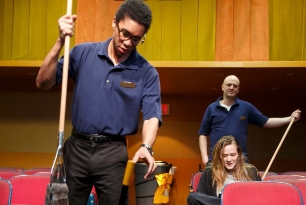 Aaron Clifton Moten, Matthew Maher, and Louisa Krause in Annie Baker&#39;s The Flick at the Barrow Street Theatre.