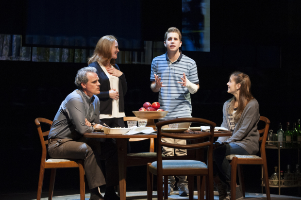 Michael Park as Larry, Jennifer Laura Thompson as Cynthia, Ben Platt as Evan, and Laura Dreyfuss as Zoe in the world premiere of Dear Evan Hansen at Arena Stage.