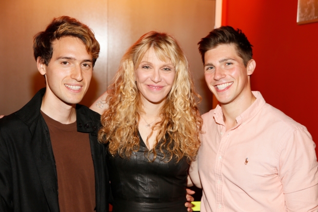 Cast members Ryder Bach and Curt Hansen flank actress/musician Courtney Love during the party for the opening of Girlfriend at Center Theatre Group&#39;s Kirk Douglas Theatre.