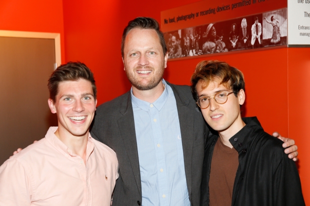 Girlfriend book writer Todd Almond (center) poses with the show&#39;s stars, Curt Hansen and Ryder Bach on opening night.