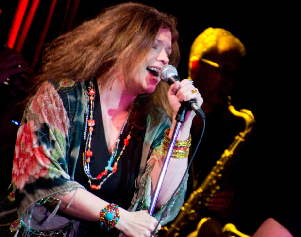 Davies performing in her Janis Joplin getup at the press preview prior to her Broadway run with the show. 