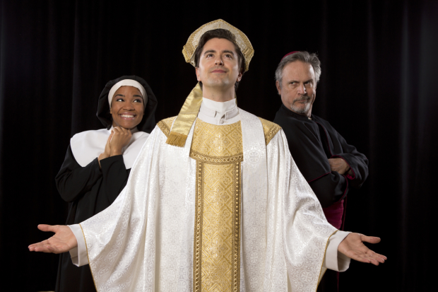 Britney Coleman as Mary Elizabeth, Sam Bolen as Pope, and Ken Land as Archbishop in &#39;&#39;Pope! An Epic Musical&quot;, directed by Peter Flynn, at PTC Performance Space for NYMF.