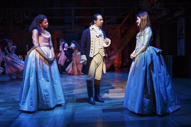 Hamilton star and creator Lin-Manuel creator as the musical&#39;s title character with Renée Elise Goldsberry (Angelica Schuyler) and Phillipa Soo (Eliza Hamilton) at the Richard Rodgers Theatre.