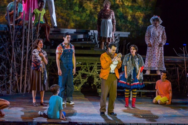 Elena Shaddow (Cinderella), Jason Gotay (Jack), Rob McClure (the Baker), and Sara Kapner (Little Red Rising Hood) share the Muny stage for a limited run of Into the Woods. 