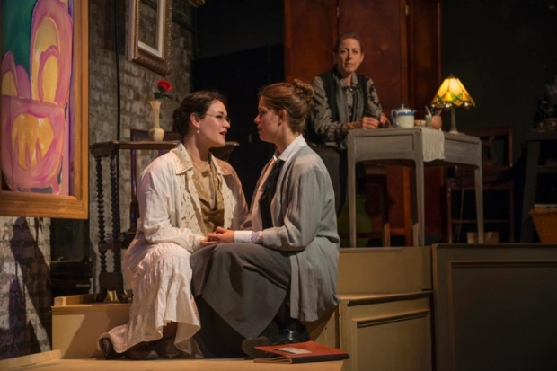 Emily Goldberg as Alice B. Toklas, Amanda Giles as Young Gertrude, and Caron Buinis as Gertrude Stein in Loving Repeating, directed by Allison Hendrix, at Chicago&#39;s Theater Wit. 