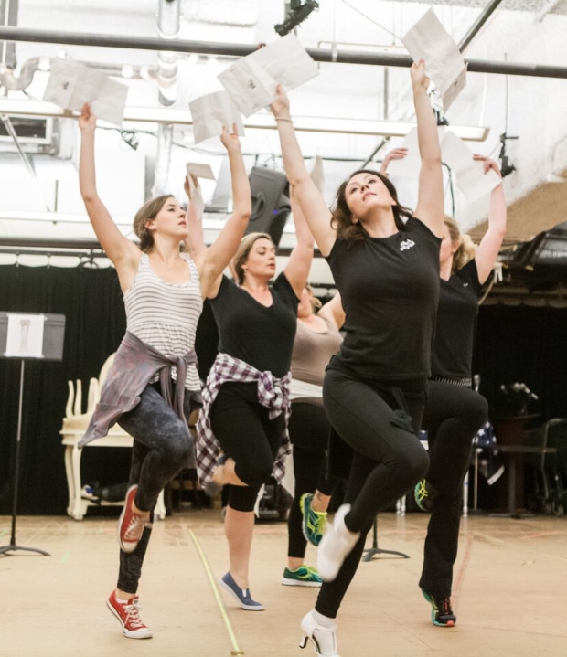 Caroline Wolfson, Maria Egler, Tracy Lynn Olivera, Jamie Eacker, and Jessica Lauren Ball in rehearsals for The Fix at Signature Theatre.
