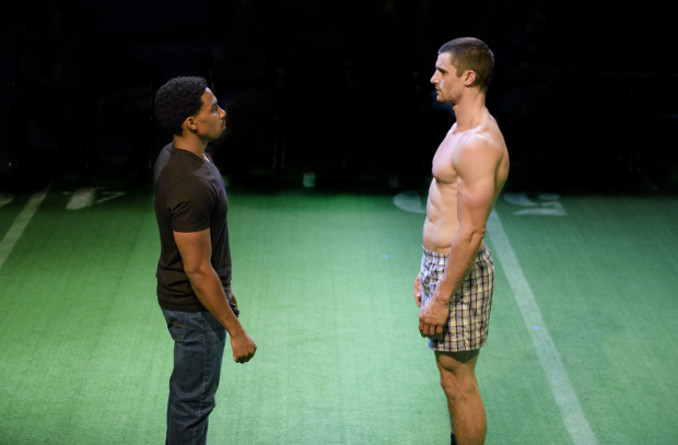 Anthony Goss (Marcus) and Alex Molina (Young Mike) in Andrew Hinderaker's Colossal, directed by Summer L. Williams, at Company One.
