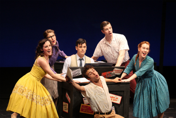 Sarah Stevens, Kaitlin Frank, Chris Gleim, Danny Harris Kornfeld, Sean Bell, and Lindsay Bayer star in James Campodonico and Matthew Gurren&#39;s What Do Critics Know?, directed by Michael Bello, at The Pershing Square Signature Center for NYMF.