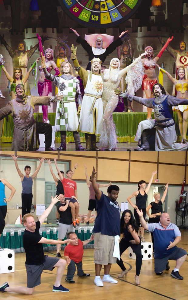 Tim Curry, Sara Ramirez (center), and the original Broadway cast of Spamalot perform &quot;Knights of the Round Table&quot; in 2005 (top), a moment Craig Robinson, Merle Dandrige, and company recreate in the 2015 Hollywood Bowl production of the musical (bottom).