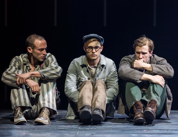 Charlie Hofheimer as Horst, Andy Mientus as Rudy, and Patrick Heusinger as Max in the 2015 revival of Martin Sherman&#39;s Bent at the Mark Taper Forum.
