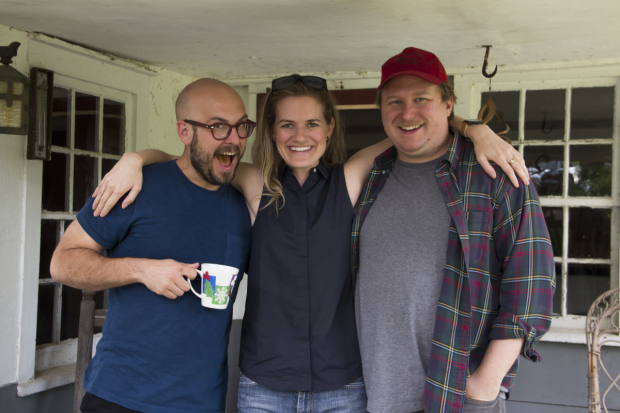 Simoness flanked by Tony-nominated Hand to God playwright Robert Askins and fiancé Michael Chernus on the front porch of 220-year-old residential house, The Sycamores. 