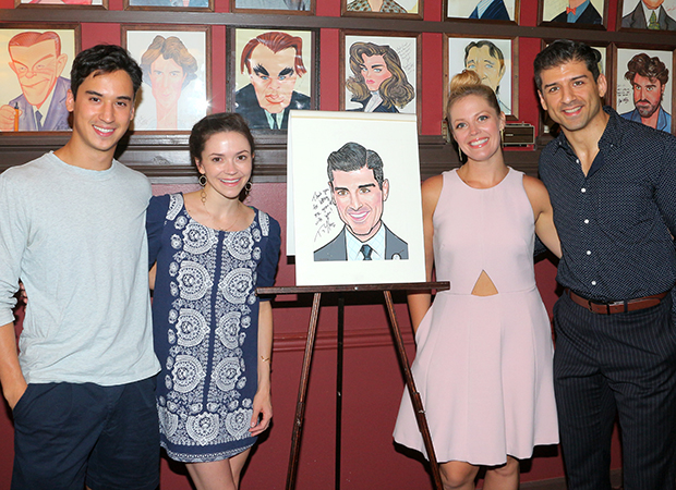 Tony Yazbeck (right) and his On the Town cast members Michael Rosen, Megan Fairchild, and Elizabeth Stanley flock to his caricature at Sardi&#39;s.
