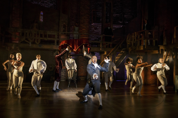 Leslie Odom, Jr. as Aaron Burr with the company of of Lin-Manuel Miranda&#39;s Hamilton, directed by Thomas Kail, at The Richard Rodgers Theatre.