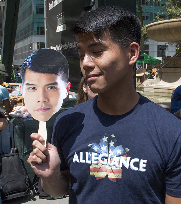 Allegiance star Telly Leung bonds with a promotional fan in his own image.