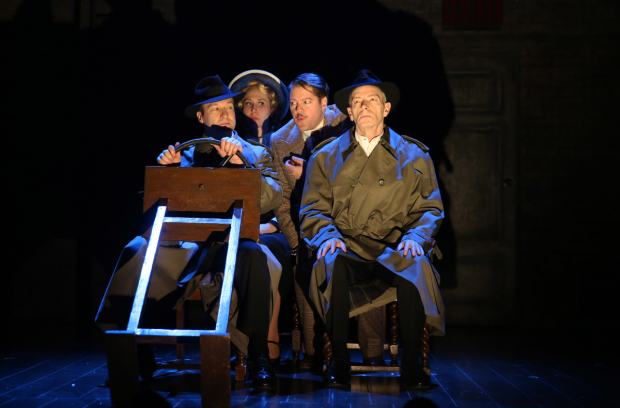 Billy Carter, Brittany Vicars, Robert Petkoff, and Arnie Burton in 39 Steps at the Union Square Theatre.