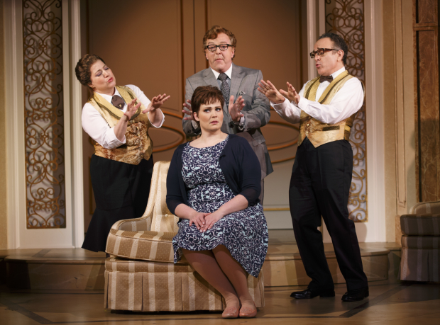 Anne L. Nathan, Edward Hibbert, Adam Heller, and Lisa Howard in the Broadway cast of It Shoulda Been You. 