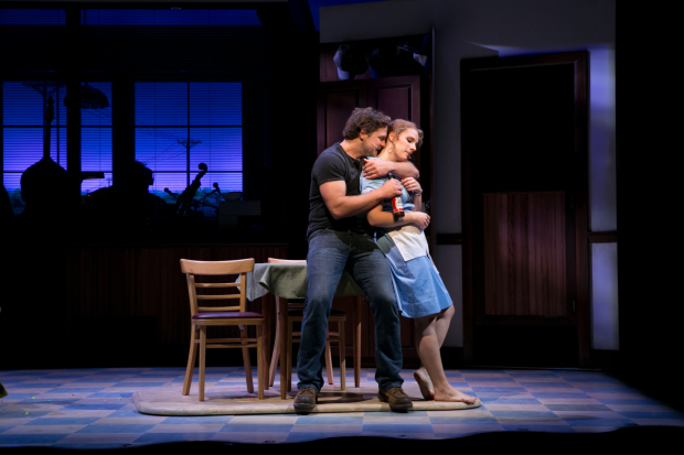 Joe Tippett as Earl and Jessie Mueller as Jenna in the A.R.T. production of Sara Bareilles&#39; Waitress.