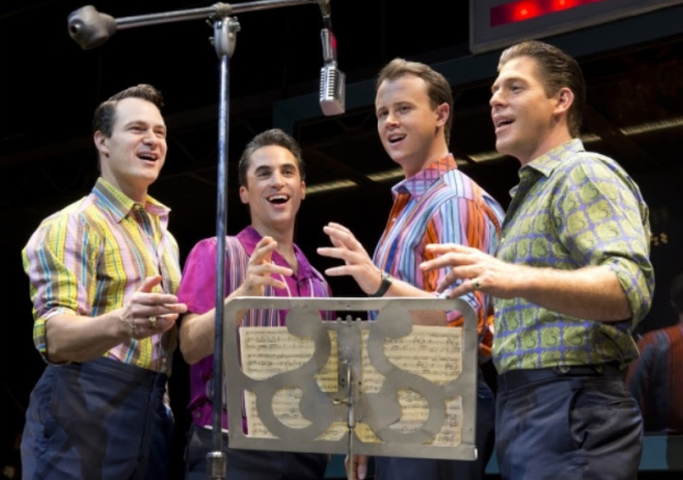 Matt Bogart, Joseph Leo Bwarie, Quinn VanAntwerp, and Richard H. Blake in Jersey Boys on Broadway.