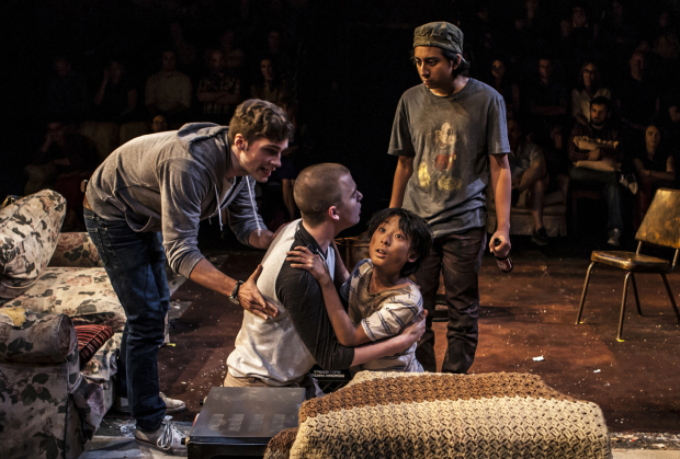Zane Pais as Elliot, Jack DiFalco as Darren, Bradley Fong as Party Piece, and Tony Revolori as Naz in the New Group&#39;s production of Philip Ridley&#39;s Mercury Fur, directed by Scott Elliott, at the Pershing Square Signature Center.