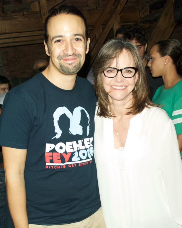 Hamilton star and creator Lin-Manuel Miranda poses with Sally Field, who was seeing the show for the third time.