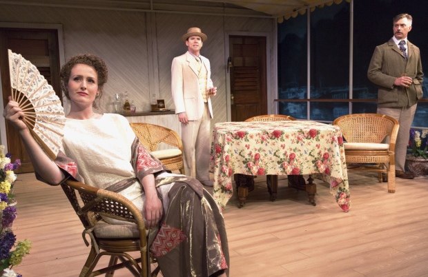 Brenda Meaney, Christian Campbell, and Michael Frederic share the stage in Harold Chapin&#39;s The New Morality at the Mint Theater.