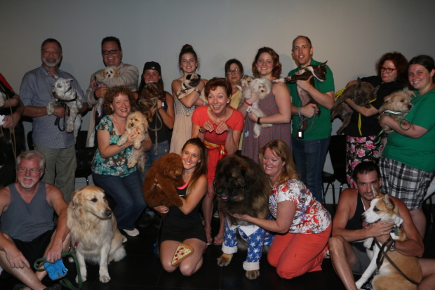 Sylvia star Julie White with the cattle call of puppies that auditioned to serve as Sylvia&#39;s likeness on Broadway. 