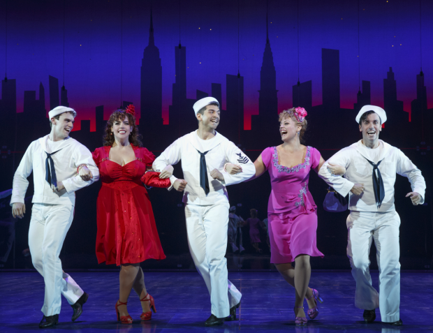 Jay Armstrong Johnson, Alysha Umphress, Tony Yazbeck, Elizabeth Stanley, and Clyde Alves in the 2014 Broadway revival of On the Town at the Lyric Theatre.