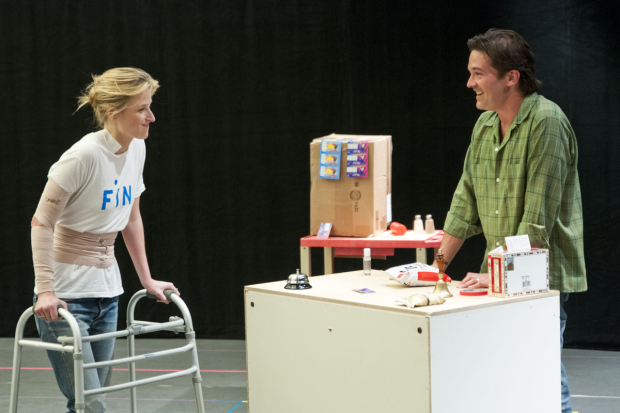 Mamie Gummer and Chris Stack rehearse Lindsey Ferrentino&#39;s Ugly Lies the Bone, directed by Patricia McGregor, at Roundabout Underground. 