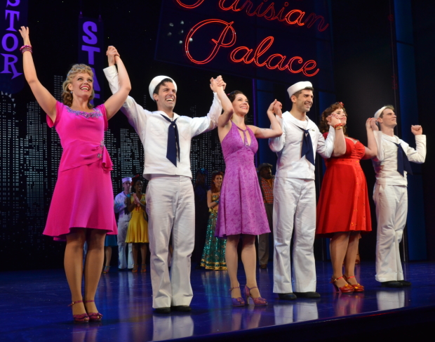 Elizabeth Stanley, Clyde Alves, Megan Fairchild, Tony Yazbeck, Alysha Umphress, and Jay Armstrong Johnson take a bow on the opening night of On the Town at the Lyric Theatre.