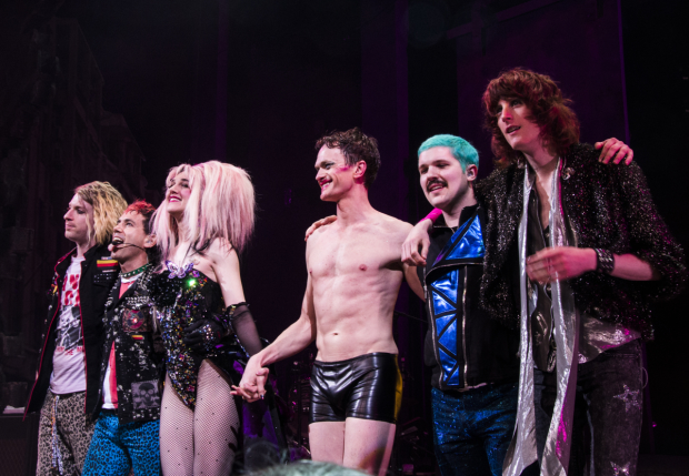 The band takes a bow with original Hedwig and Yitzhak Neil Patrick Harris and Lena Hall on opening night at the Belasco Theatre. 
