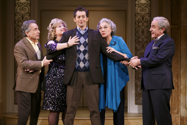 Rebecca&#39;s father Murray (Chip Zien), Aunt Sheila (Anne L. Nathan), mother Judy (Tyne Daly), and Uncle Morty (Adam Heller) tell Rebecca&#39;s ex-boyfriend Marty (Josh Grisetti in the center) &quot;It Shoulda Been You.&quot;