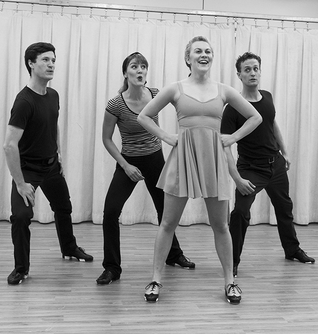 Cary Tedder, Mara Davi, Eloise Kropp, and Danny Gardner rehearse the song &quot;Star Tar&quot; from Dames at Sea.