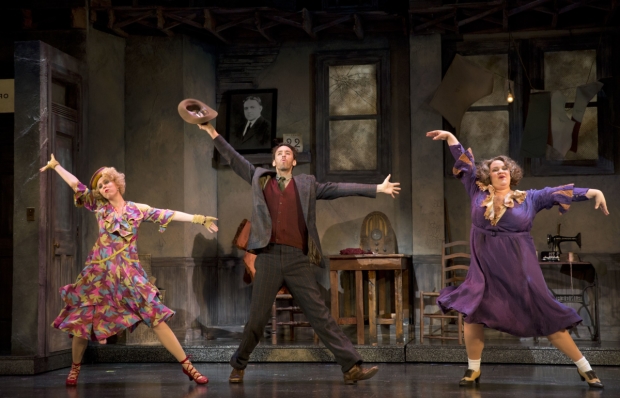 Lucy Werner As Lily St. Regis, Garrett Deagon As Rooster, and Lynn Andrews as Miss Hannigan in Annie.