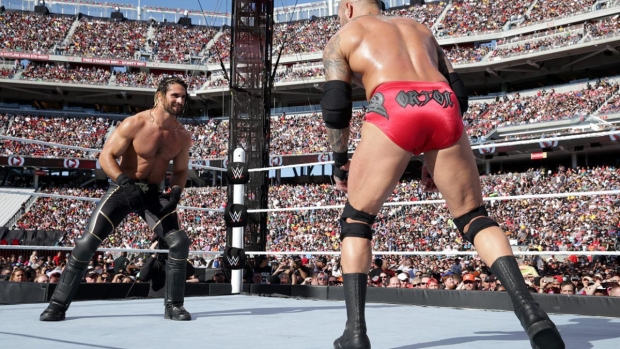 Seth Rollins and Randy Orton perform in front of a giant crowd at WrestleMania 31, which took place on March 29 at Levi&#39;s Stadium in Santa Clara, California. 