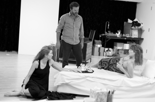 Eve Best, Douglas Hodge, and Kelly Reilly in rehearsal for Old Times on Broadway.