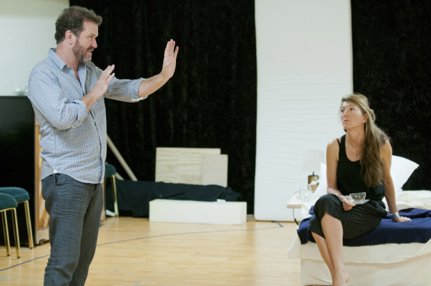 Douglas Hodge directs Eve Best in rehearsal for Old Times on Broadway.