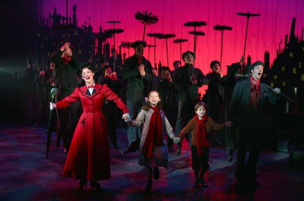 Ashley Brown, Katherine Leigh Doherty, Alexander Scheitinger, and Gavin Lee in a scene from Mary Poppins on Broadway.