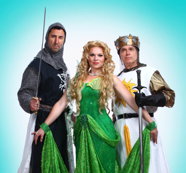 Sean Fortunato, Colette Todd, and Larry Adams star in Spamalot, at Theatre at the Center.