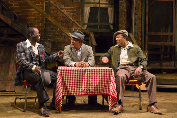 Jason Dirden (Canewell), Charlie Hudson III (Red Carter), and Kevin Mambo (Floyd Barton) in Seven Guitars at Two River Theater.