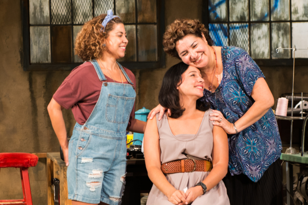 Santana Dempsey, Cristina Frias, and Blanca Araceli in Josefina López&#39;s Real Women Have Curves, directed by Seema Sueko, at Pasadena Playhouse.