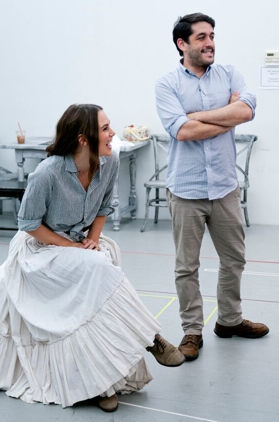 Keira Knightely has a laugh as director Evan Cabnet looks on.