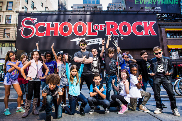 Alex Brightman and the young company of Broadway&#39;s School of Rock.