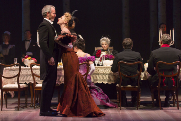 Stephen Bogardus (Fredrik Egerman) and Lauren Molina (Countess Charlotte) in A Little Night Music, directed by Peter DuBois, at Boston&#39;s Huntington Theatre Company.