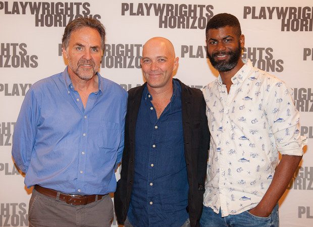 Playwrights Horizons Artistic Director Tim Sanford poses with Hir playwright Taylor Mac and director Niegel Smith.