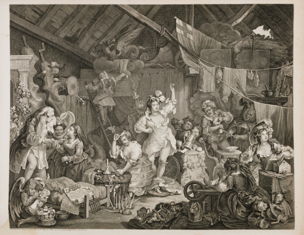William Hogarth&#39;s Strolling Actresses Dressing in a Barn (1738), in which four actresses prepare for their final performance of The Devil to Pay in Heaven. In the lower left corner, lying atop a crown, can be seen the 1737 Theatrical Licensing Act, which would put an end to such productions.