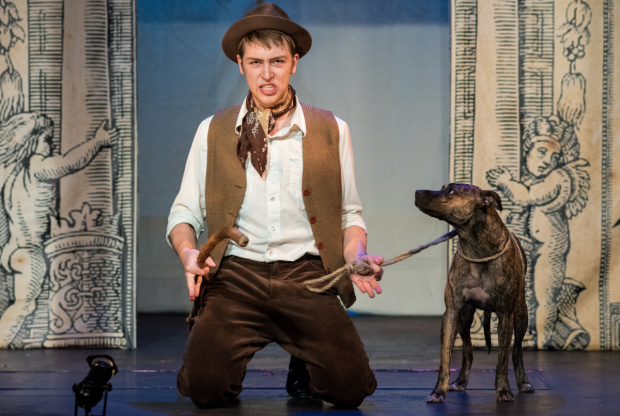 Evan Fazziola as Launce and Dinah as Crab in TP&amp;co&#39;s production of William Shakespeare&#39;s The Two Gentlemen of Verona, directed by Christian Amato, at the Players Theatre.