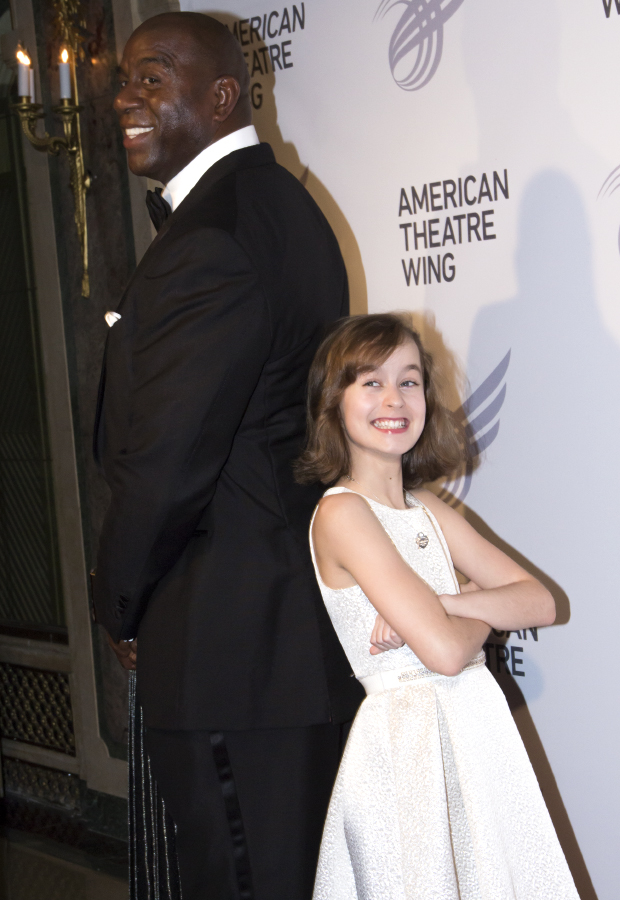 The tallest and shortest people at the American Theatre Wing gala: basketball icon Magic Johnson and Fun Home Tony nominee Sydney Lucas.