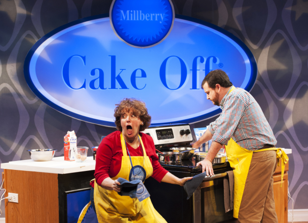 Sherri L. Edelen and Todd Buonopane in Signature Theatre&#39;s Cake Off, running through November 22.