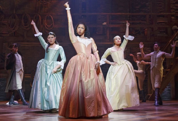 Renée Elise Goldsberry with Phillipa Soo and Jasmine Cephas Jones in a scene from Hamilton on Broadway.